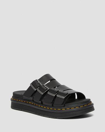 Black Women's Dr Martens Tate Leather Slide Sandals | CA 322EBC